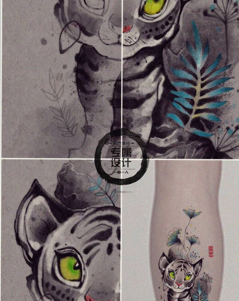 小老虎纹身图片_腿部水墨纹身图案