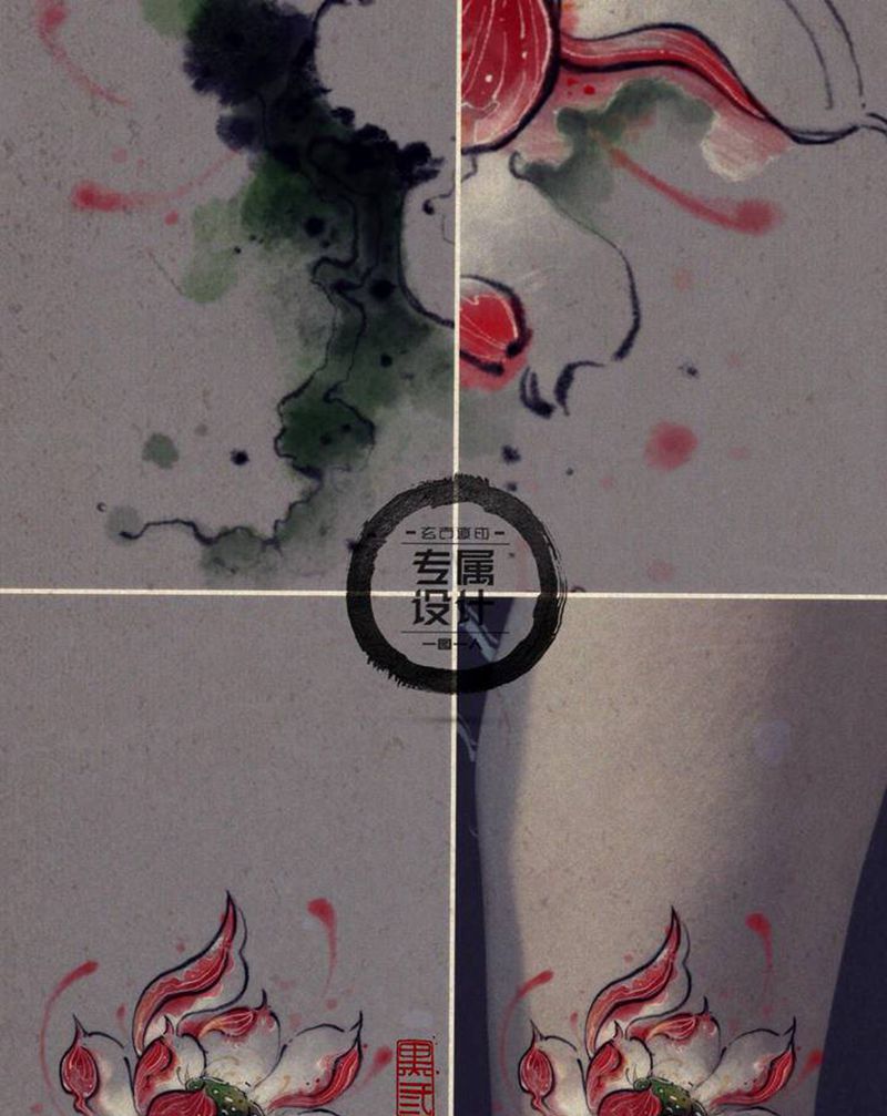 荷花纹身图片_腿部水墨纹身图案