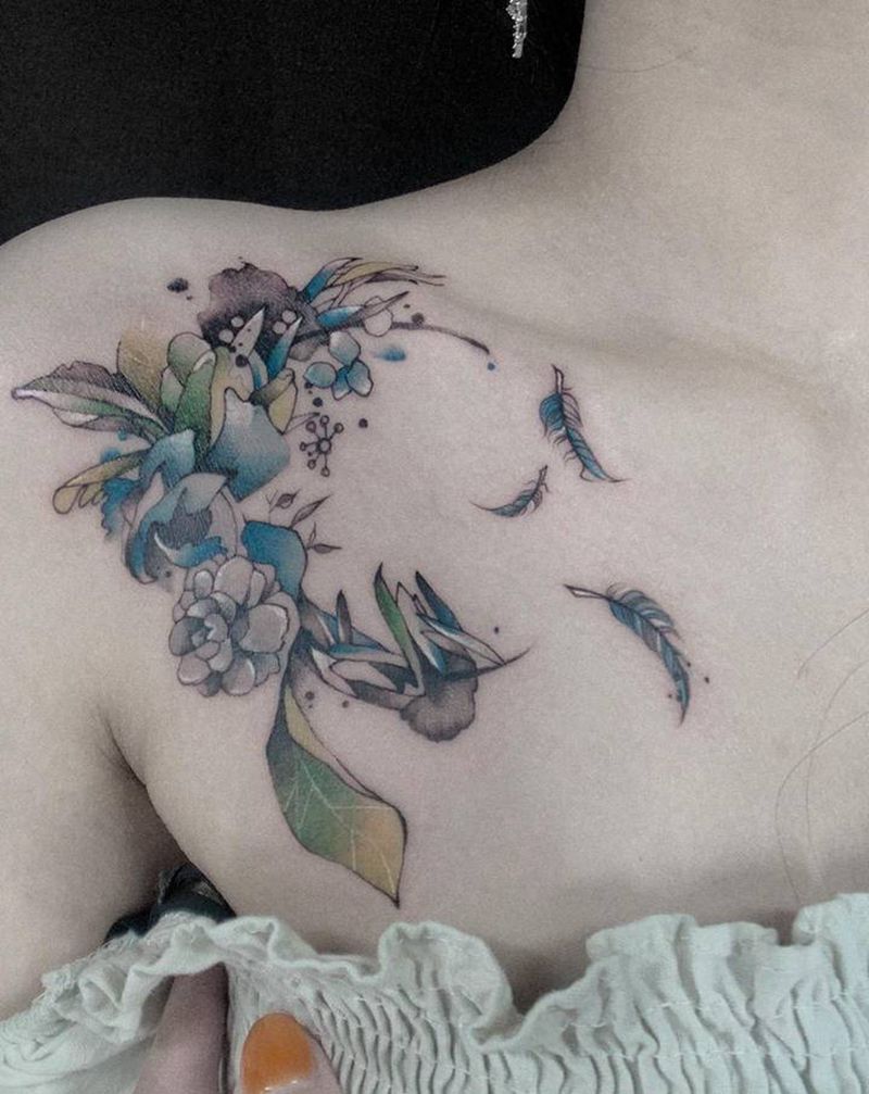 花环纹身图片_肩部水墨纹身图案