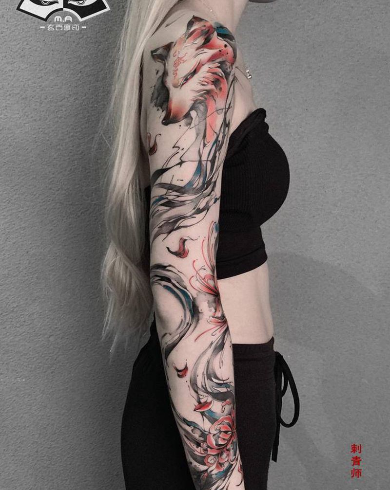 彼岸花与小狐狸纹身图片_手臂水墨纹身图案