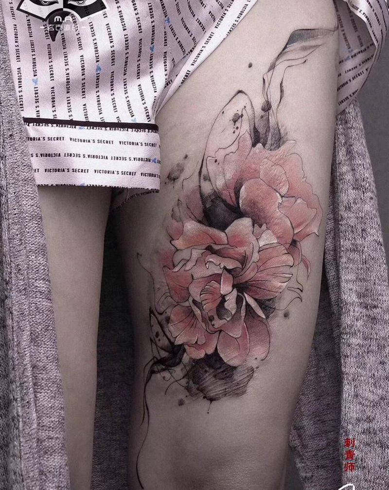 大型伤疤遮盖纹身图片_腿部水墨纹身图案