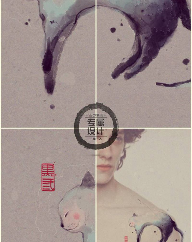 小猫咪纹身图片_肩部水墨纹身图案