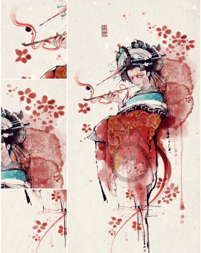 花魁纹身图片_背部水墨纹身图案