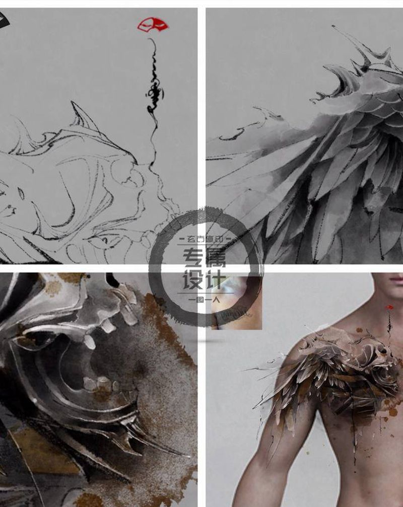 向死而生纹身图片_胸部水墨纹身图案