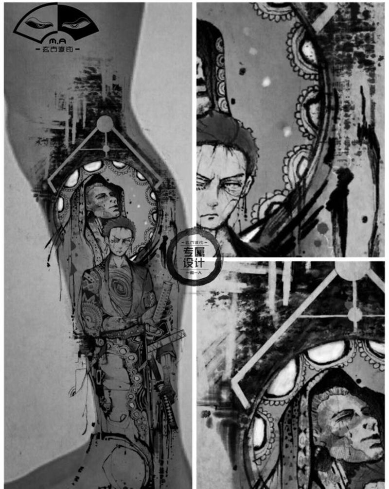 索隆纹身图片_腿部水墨纹身图案