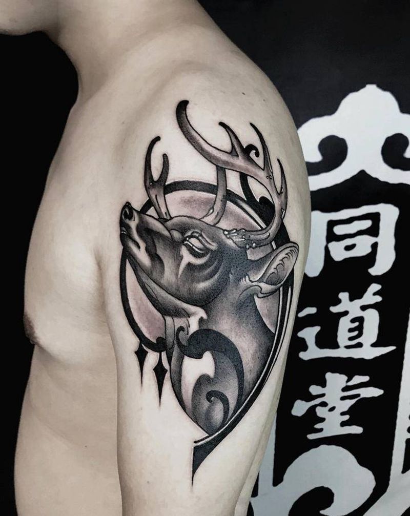 鹿纹身图片_手臂新传统水墨纹身图案
