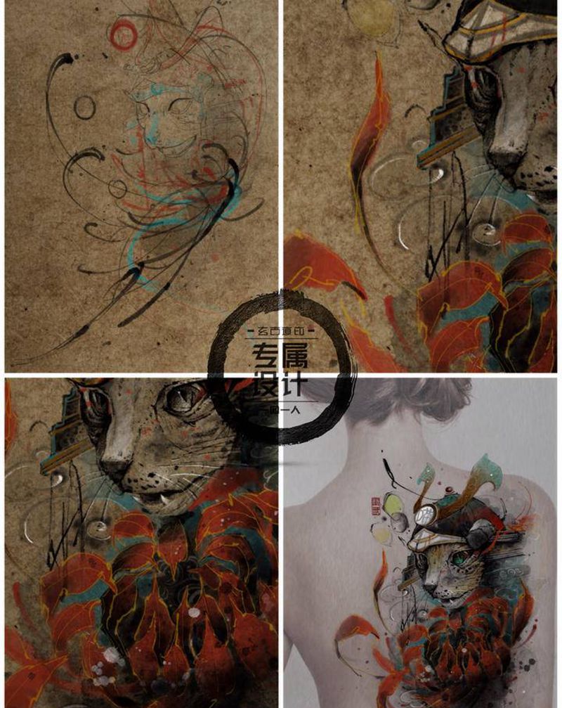猫语九纹身图片_背部水墨新传统纹身图案