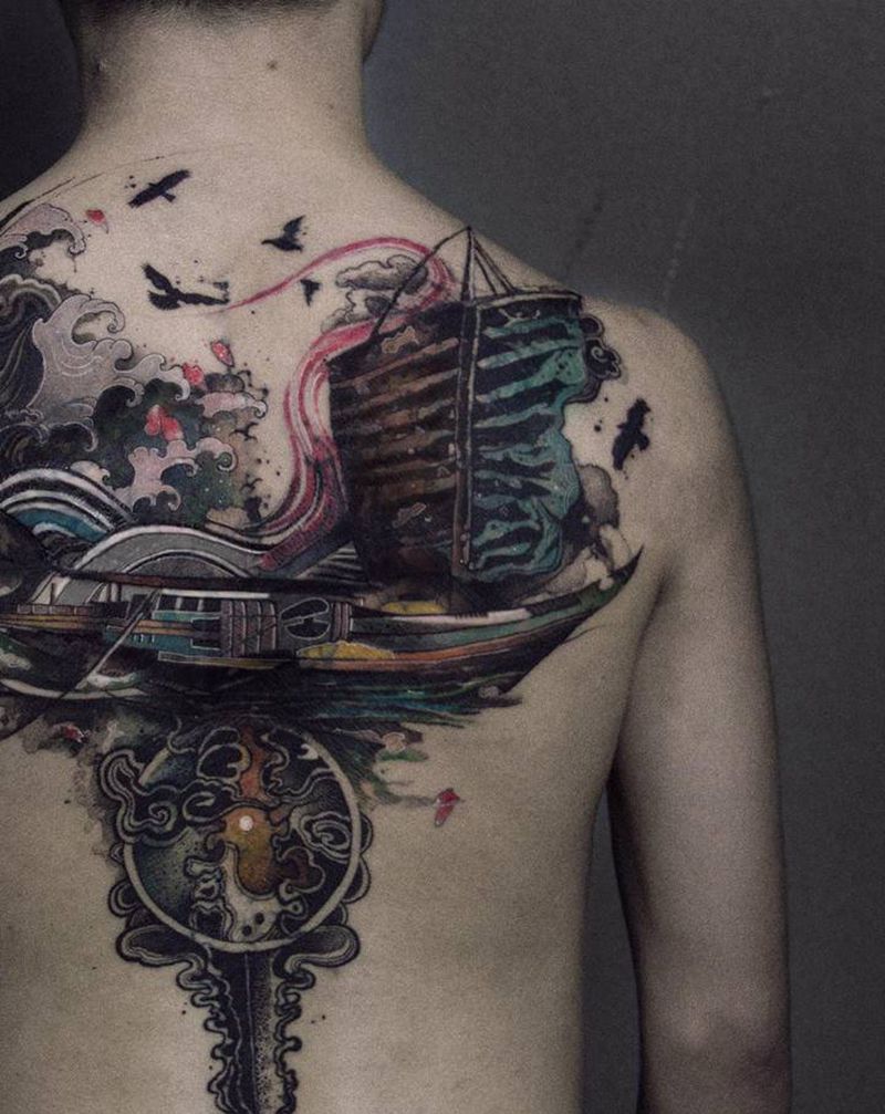 云帆寄沧海纹身图片_背部新传统水墨纹身图案