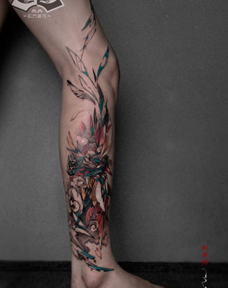 凤凰纹身图片_腿部水墨新传统纹身图案