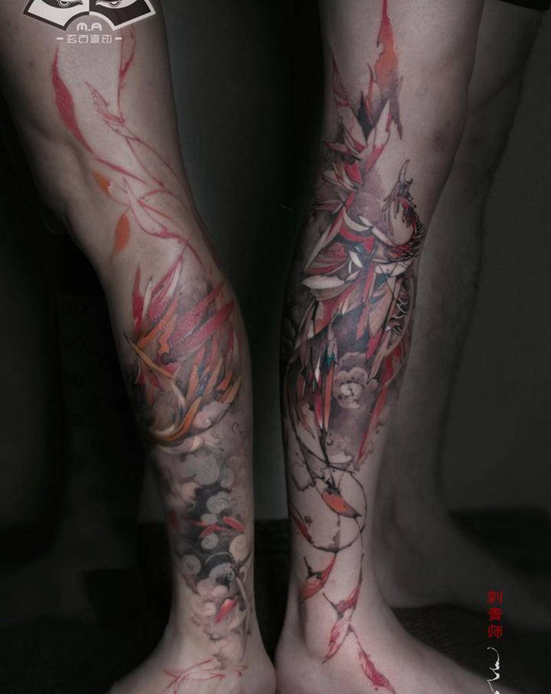 情侣凤凰纹身图片_腿部水墨纹身图案