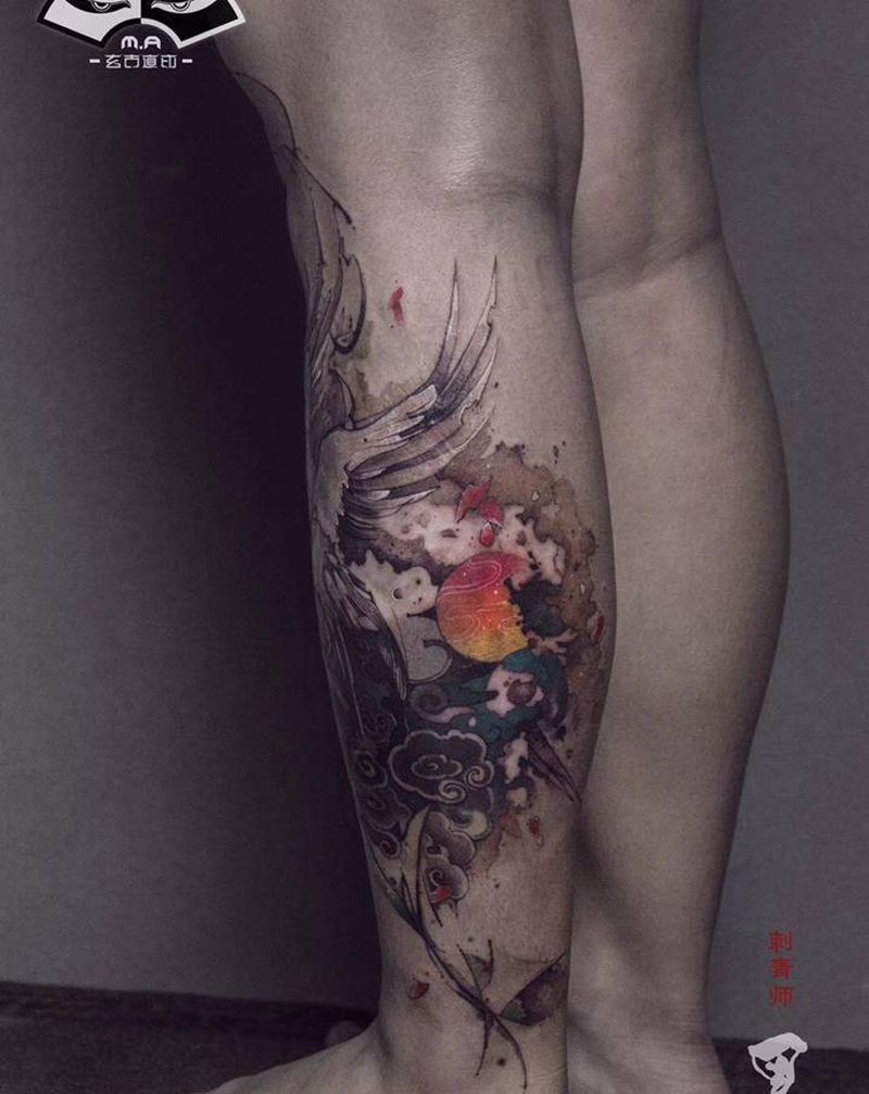 苏州月纹身图片_腿部水墨纹身图案