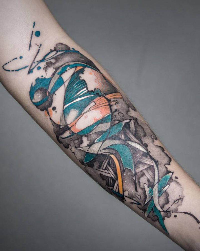 秋纹身图片_手臂水彩水墨纹身图案