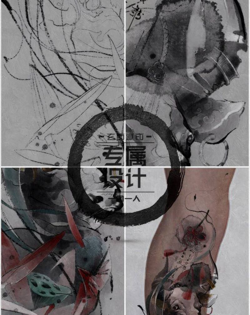 舐犊情深纹身图片_腿部新传统水墨纹身图案
