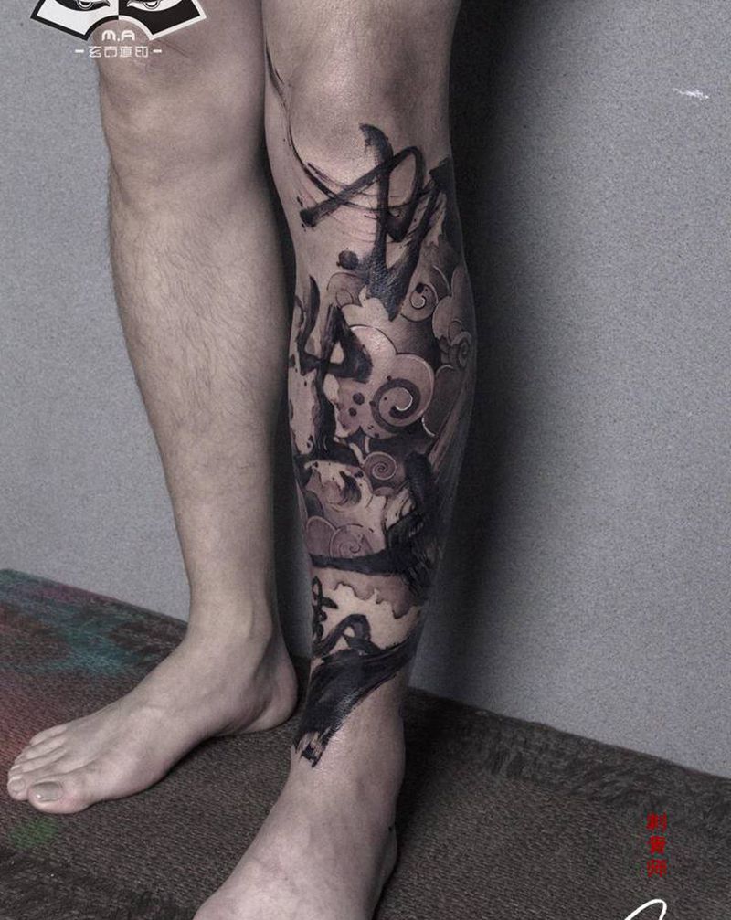 别了、虹镇老街纹身图片_腿部水墨新传统纹身图案