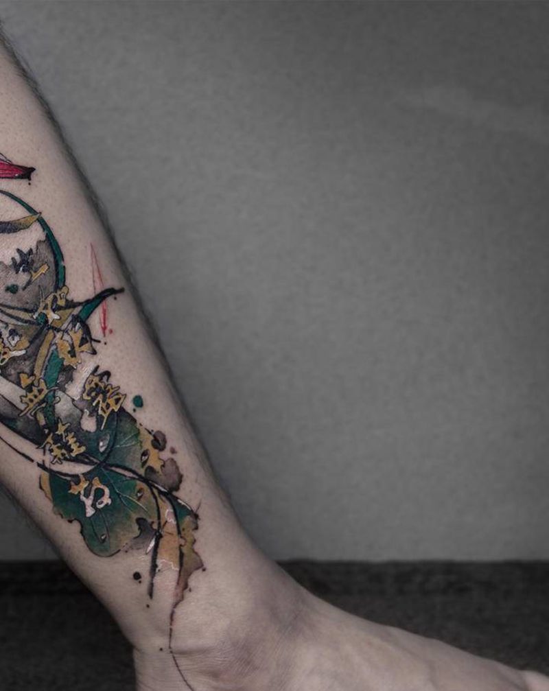 《荷·字》纹身图片_腿部新传统水墨纹身图案