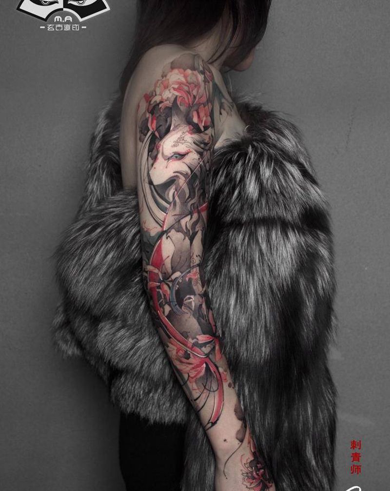 九尾狐纹身图片_手臂新传统水墨纹身图案