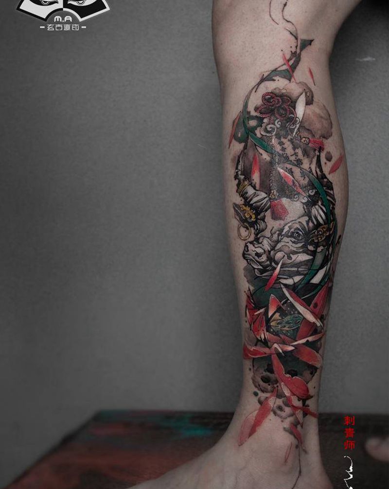 舐犊情深纹身图片_腿部水墨新传统纹身图案