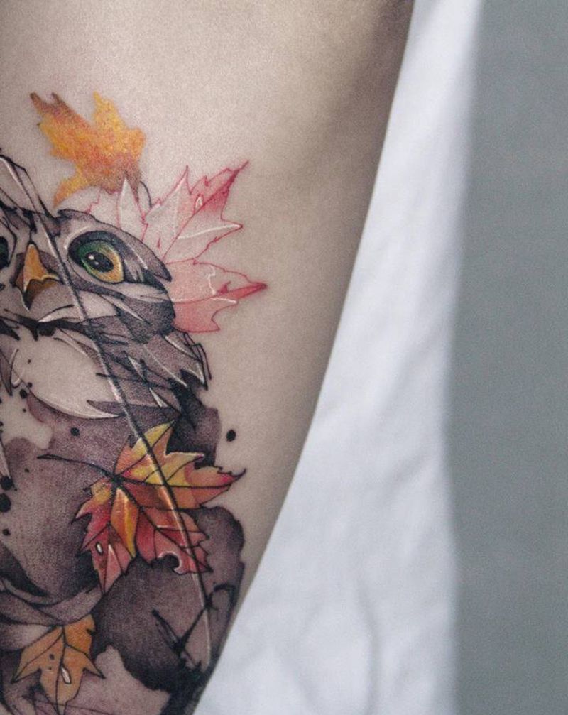 猫头鹰纹身图片_手臂水墨新传统纹身图案