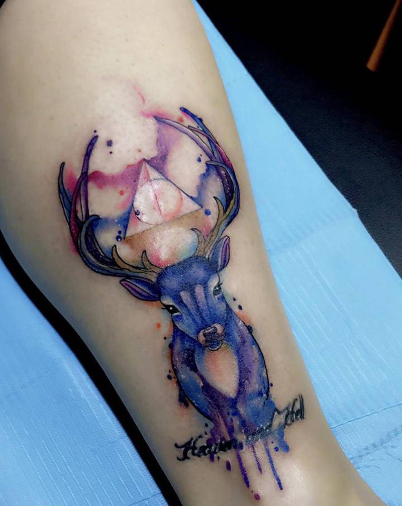 小鹿纹身纹身图片_腿部水墨水彩纹身图案