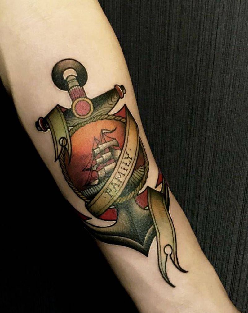 海锚帆船纹身图片_手臂Old School水彩纹身图案