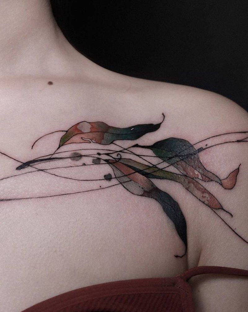 『莫比乌斯环里的叶子』纹身图片_肩部水墨纹身图案