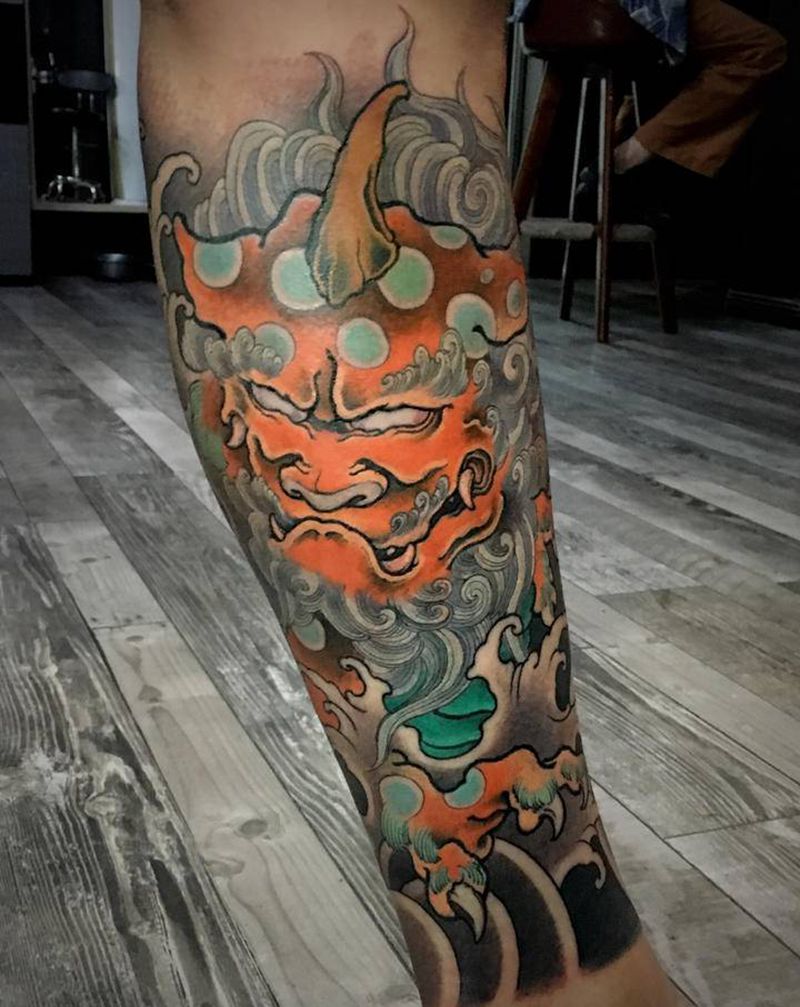 唐狮纹身图片_腿部新传统唐狮纹身图案