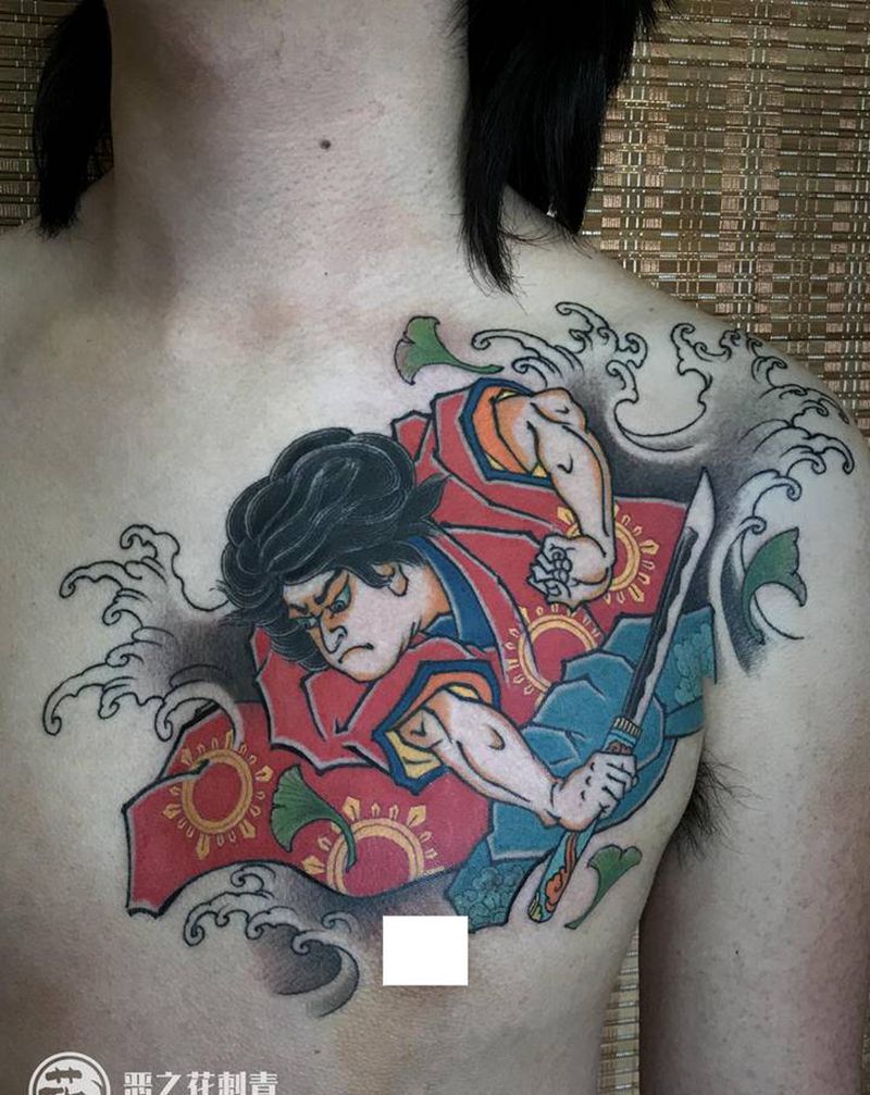 鬼若丸纹身图片_胸部老传统日式纹身图案