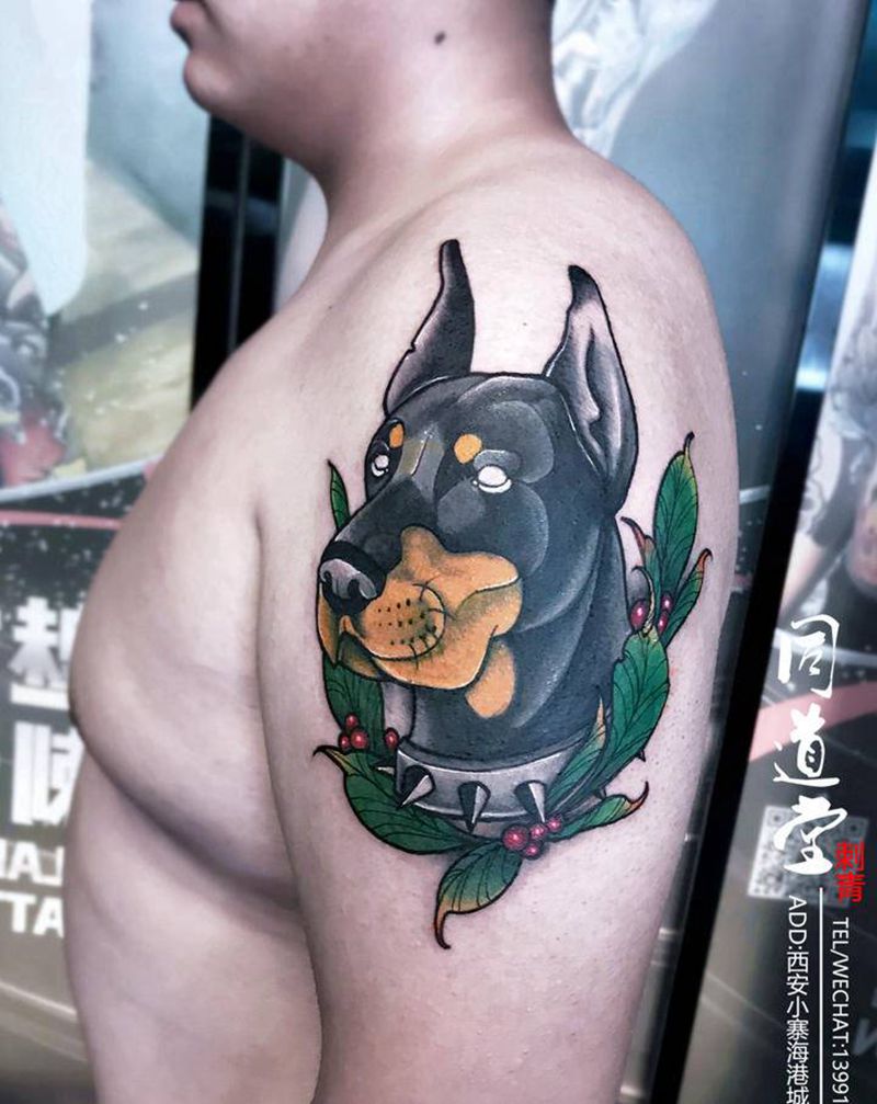 杜宾狗头像纹身图片_手臂Old SchoolNew School纹身图案