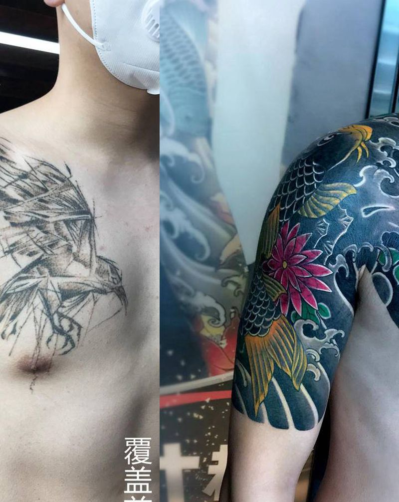 纹身遮盖老纹身纹身图片_胸部肩部老传统Old School纹身图案
