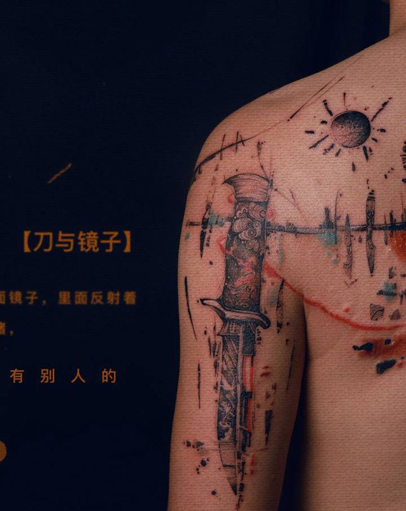 【刀与镜】纹身图片_背部手臂水墨水彩表现主义纹身图案