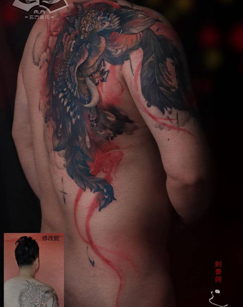 《涅槃重生》旧图修改纹身图片_背部水墨修改纹身图案