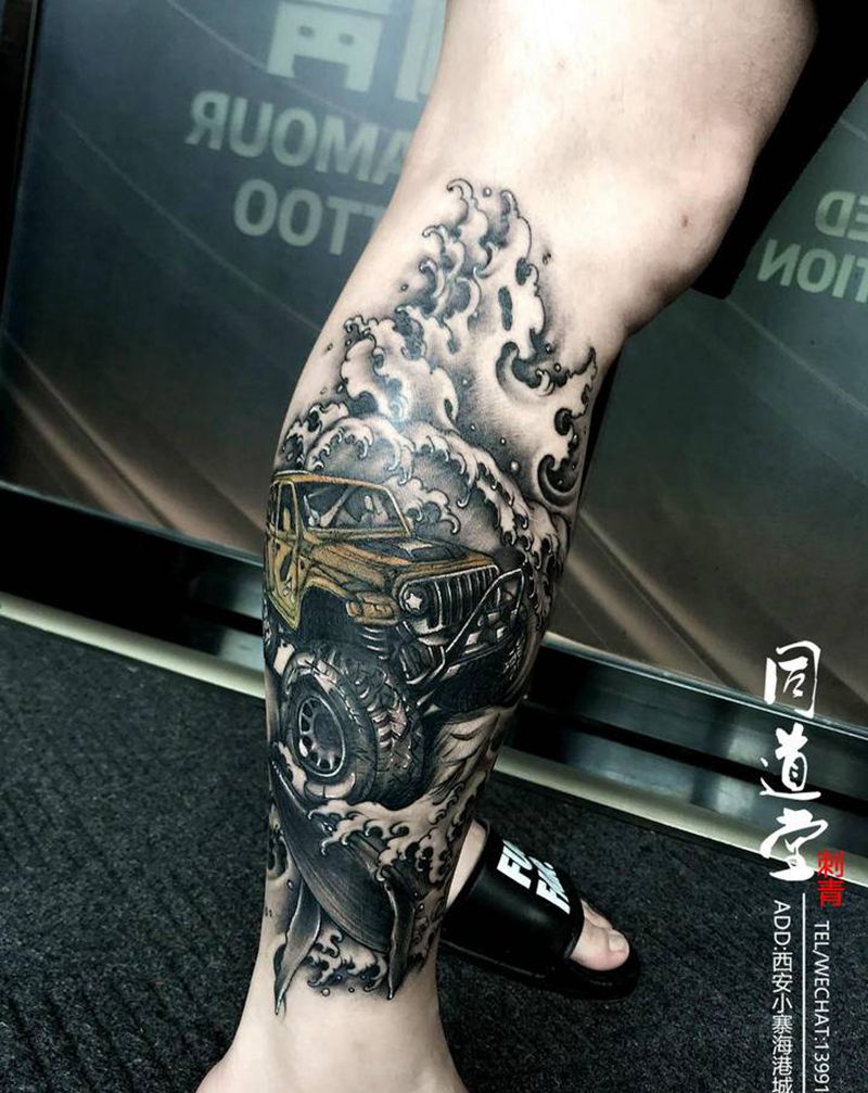 越野爱好者纹身图片_腿部欧美写实New School纹身图案