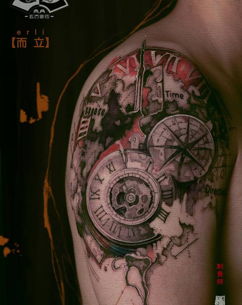 而立纹身图片_手臂水墨钟纹身图案