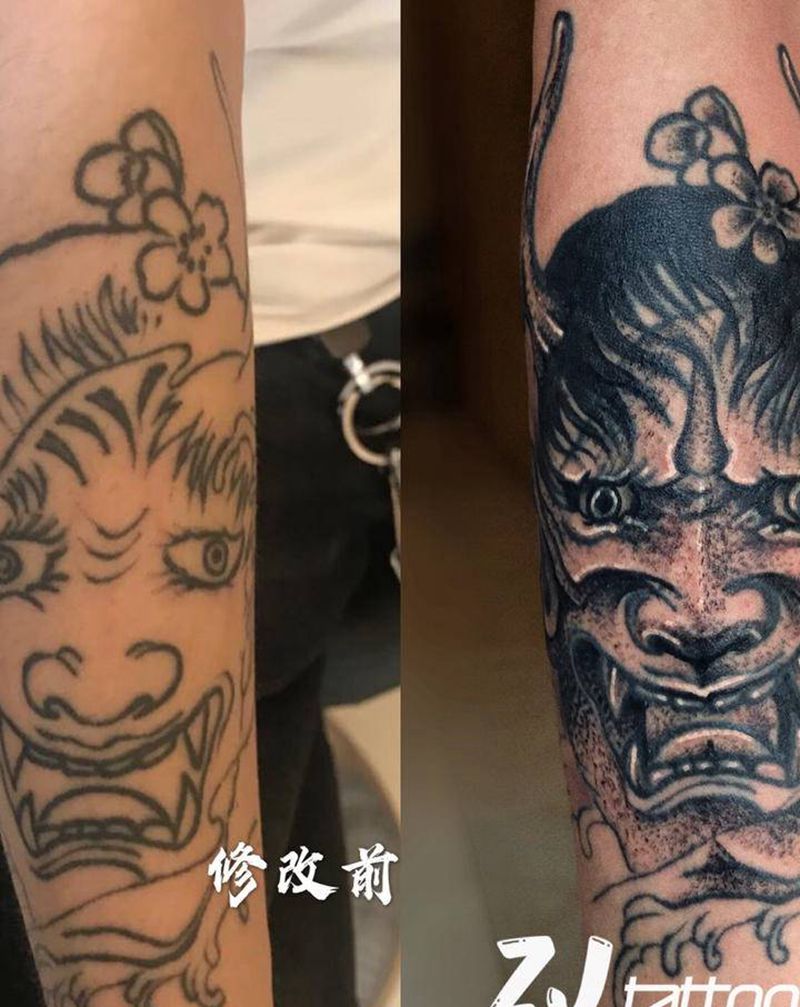 残旧纹身修改纹身图片_手臂手部老传统新传统般若遮盖修改纹身图案