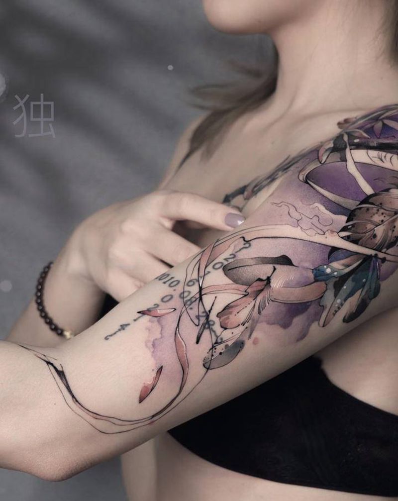 梦纹身图片_手臂肩部水墨水彩捕梦网纹身图案