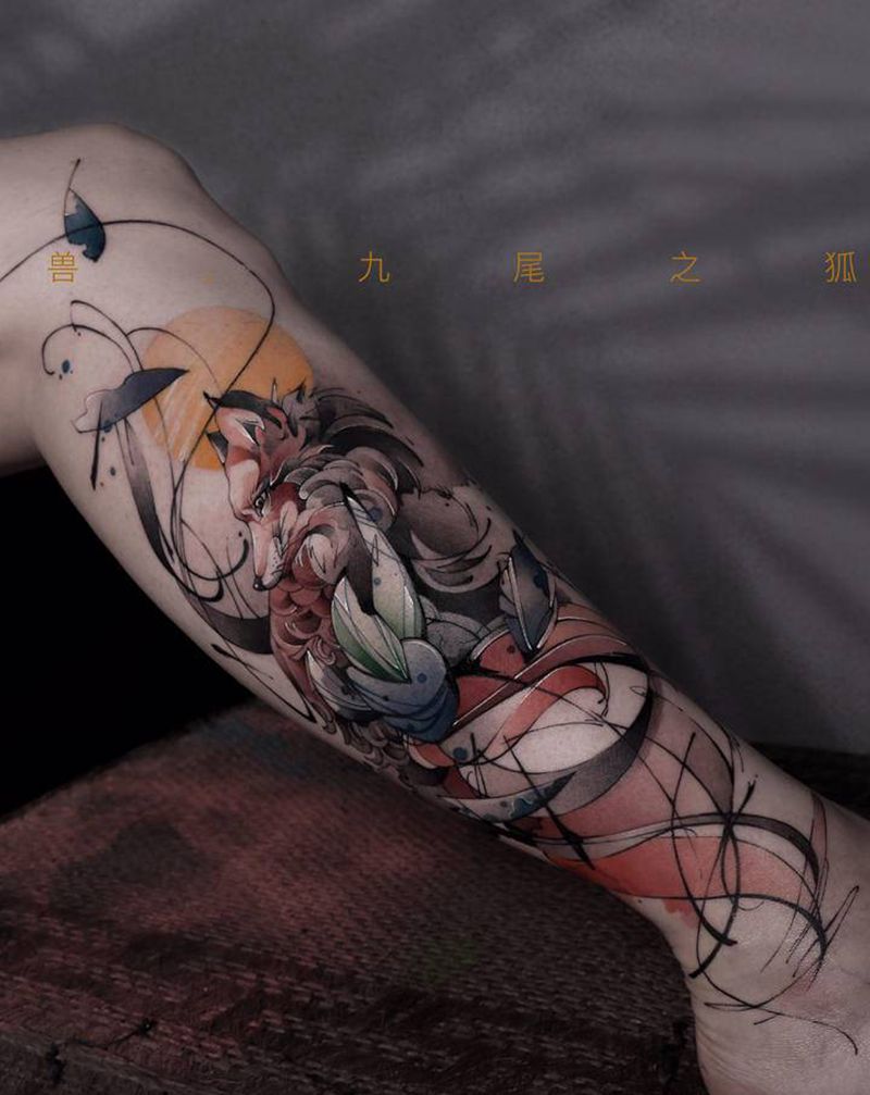 青丘奇兽纹身图片_腿部水墨水彩九尾狐纹身图案