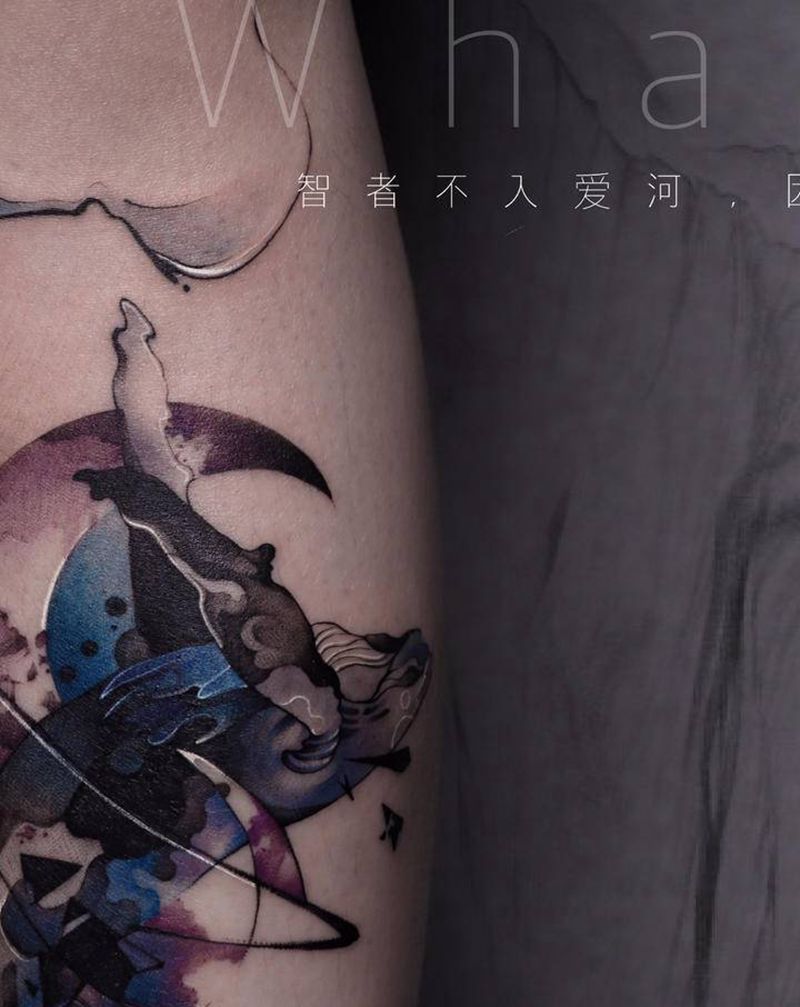遮盖作品纹身图片_腿部水彩水墨遮盖纹身图案