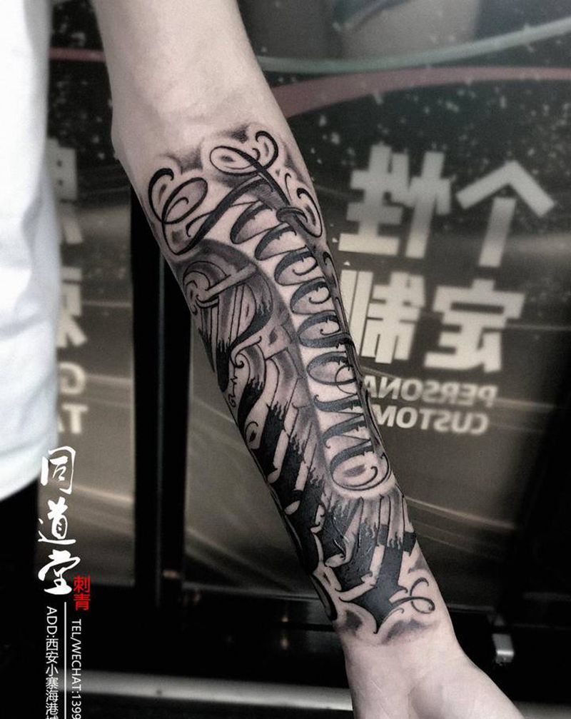 花体字设计制作纹身图片_手臂花体字Old School纹身图案