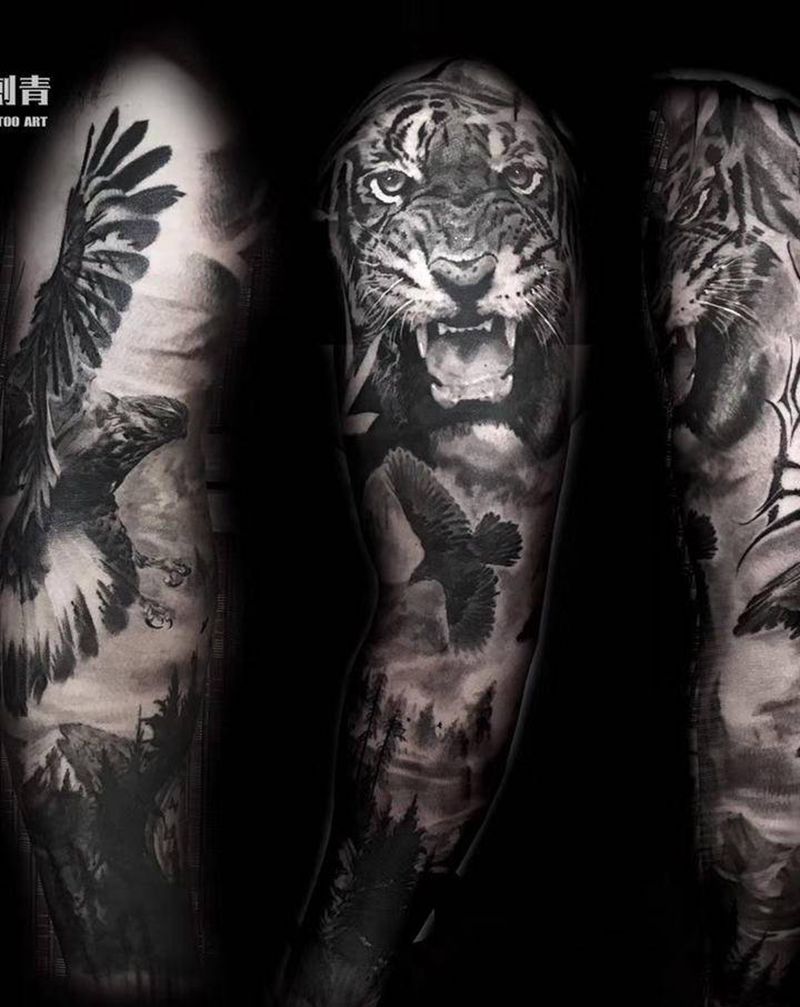 zoo纹身图片_手臂欧美写实虎隼纹身图案