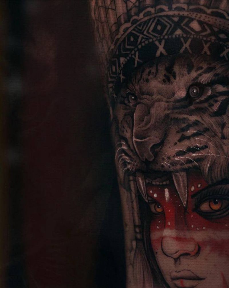 自知纹身图片_腿部水彩欧美写实纹身图案