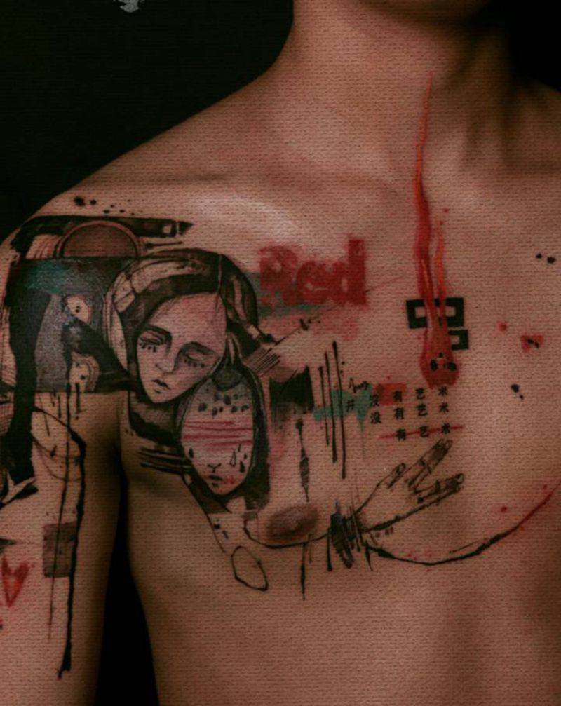 红与黑纹身图片_手臂胸部水彩表现主义纹身图案