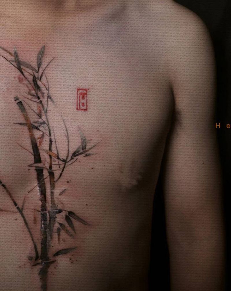 【明天，你好】纹身图片_胸部水墨纹身图案