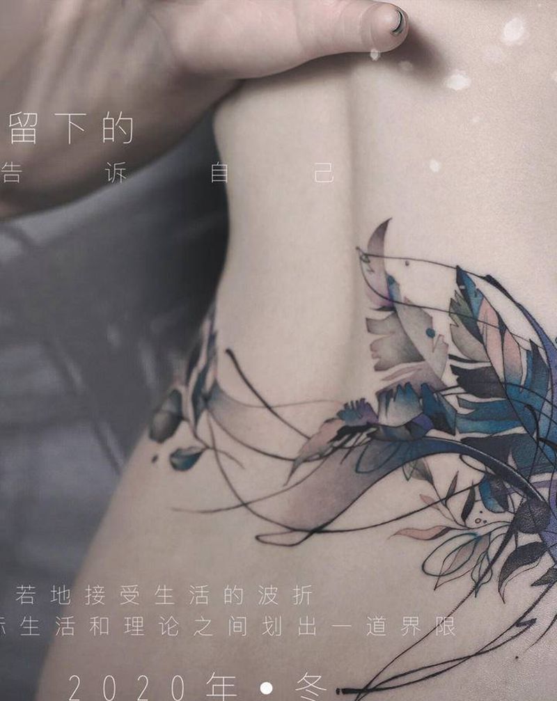 2020·冬纹身图片_腰部水彩水墨生长纹遮盖纹身图案