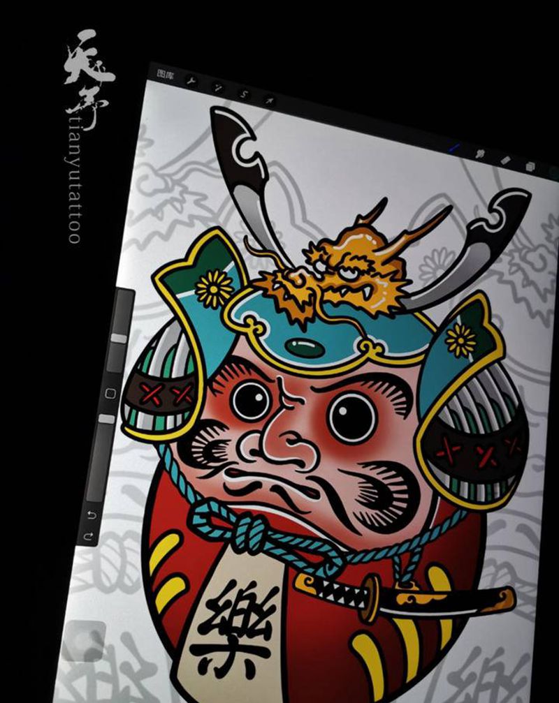 【手稿可约】武士达摩蛋纹身图片_新传统老传统纹身图案