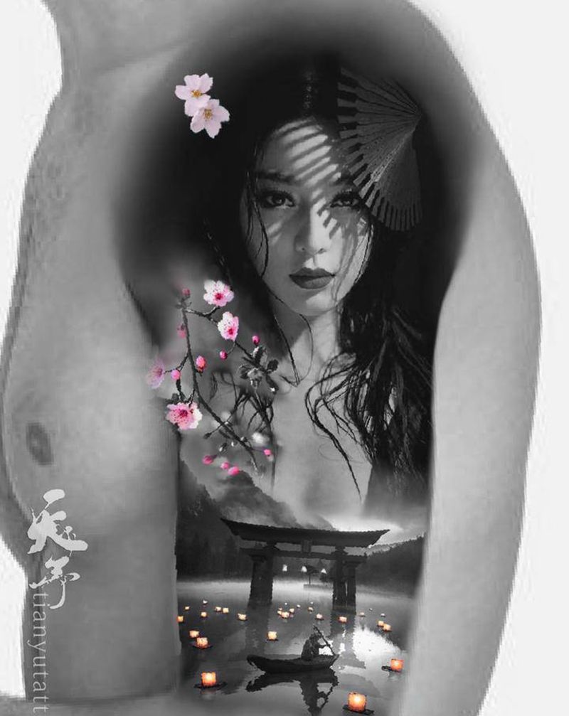 【手稿可约】大臂艺伎效果图纹身图片_欧美写实纹身图案