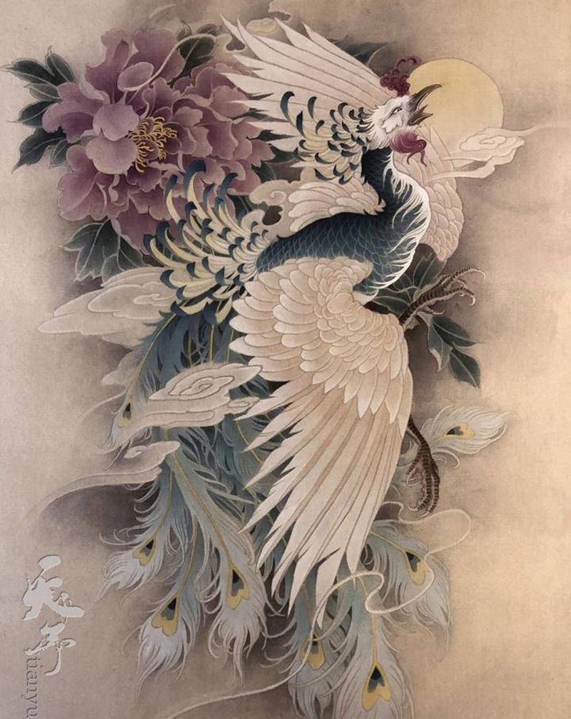 满背青鸾覆盖设计图纹身图片_背部新传统老传统纹身图案