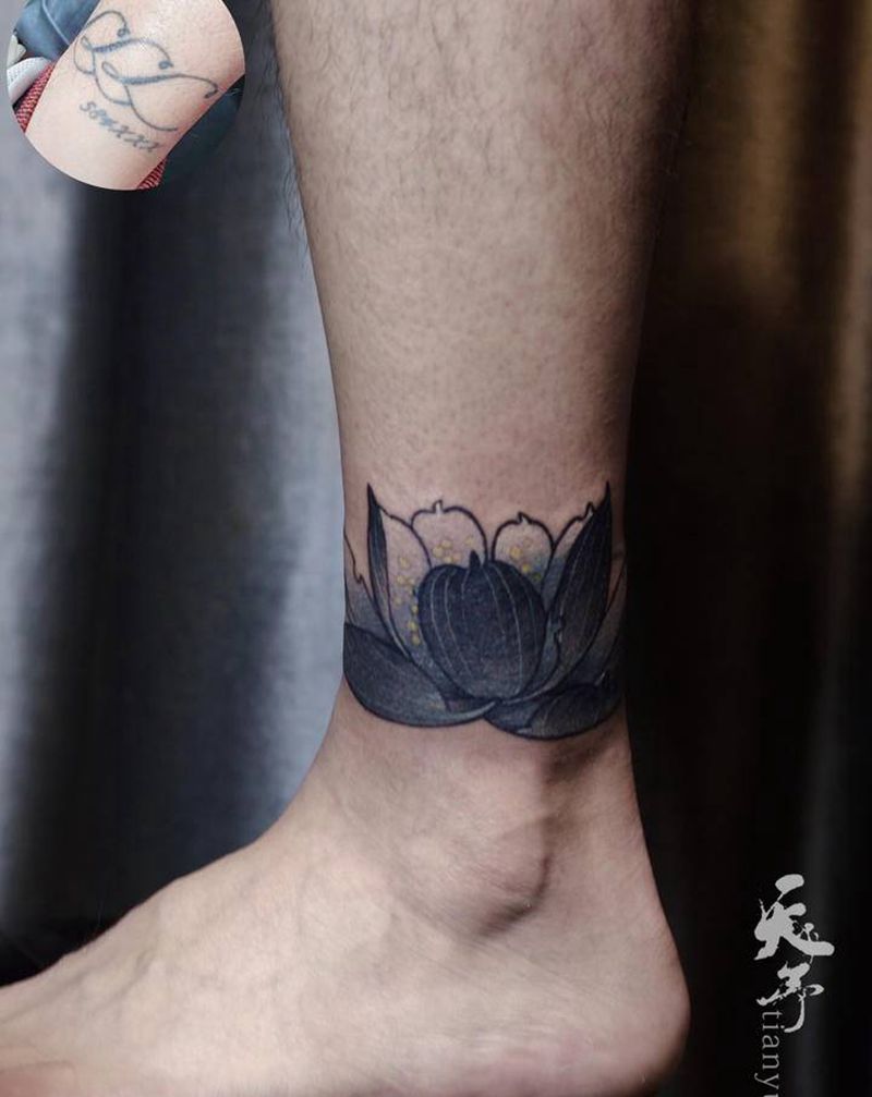 莲花遮盖旧纹身纹身图片_腿部老传统新传统纹身图案