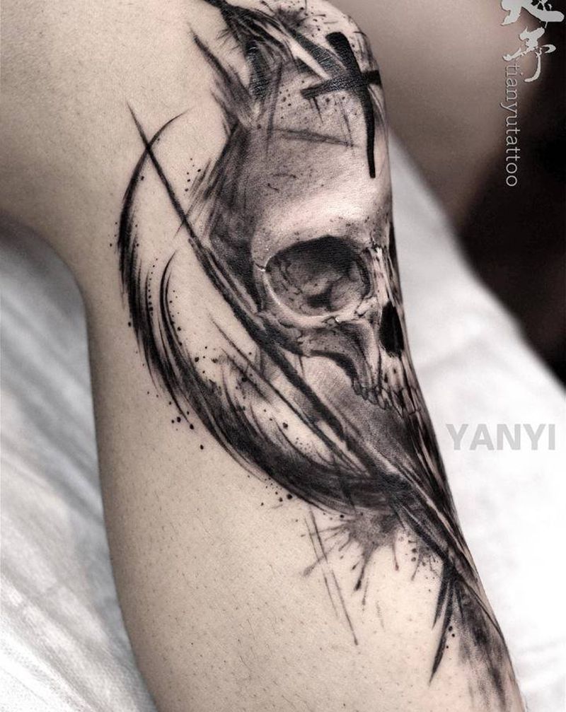 超帅的膝盖骷髅☠️纹身图片_腿部欧美写实纹身图案