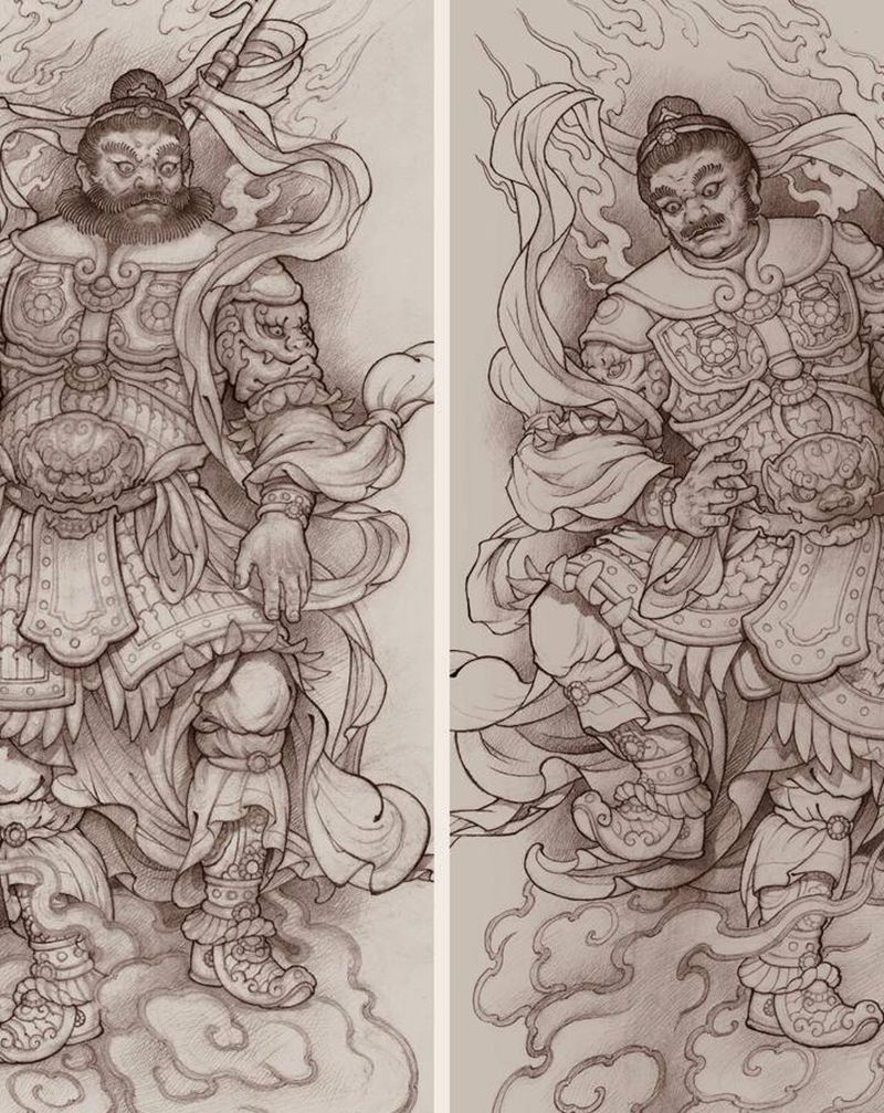 【门神】神荼和郁垒   未完成纹身图片_腹部腰部新传统纹身图案