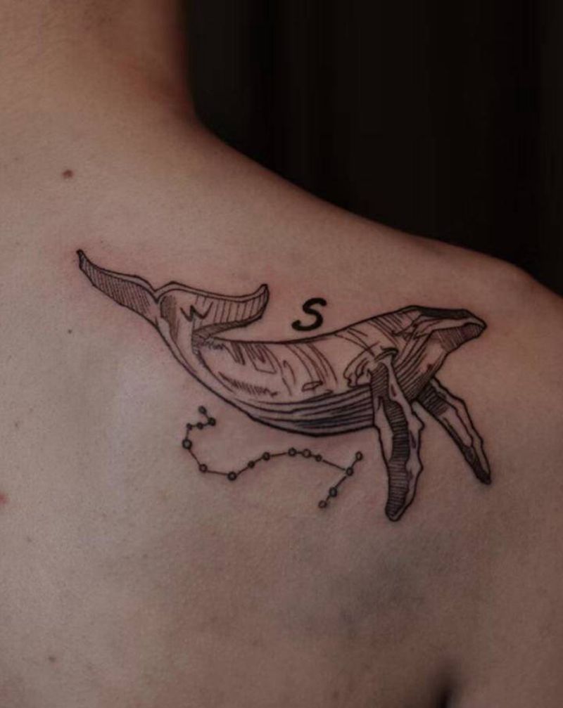 小清新鲸鱼纹身图片_背部图腾几何纹身图案